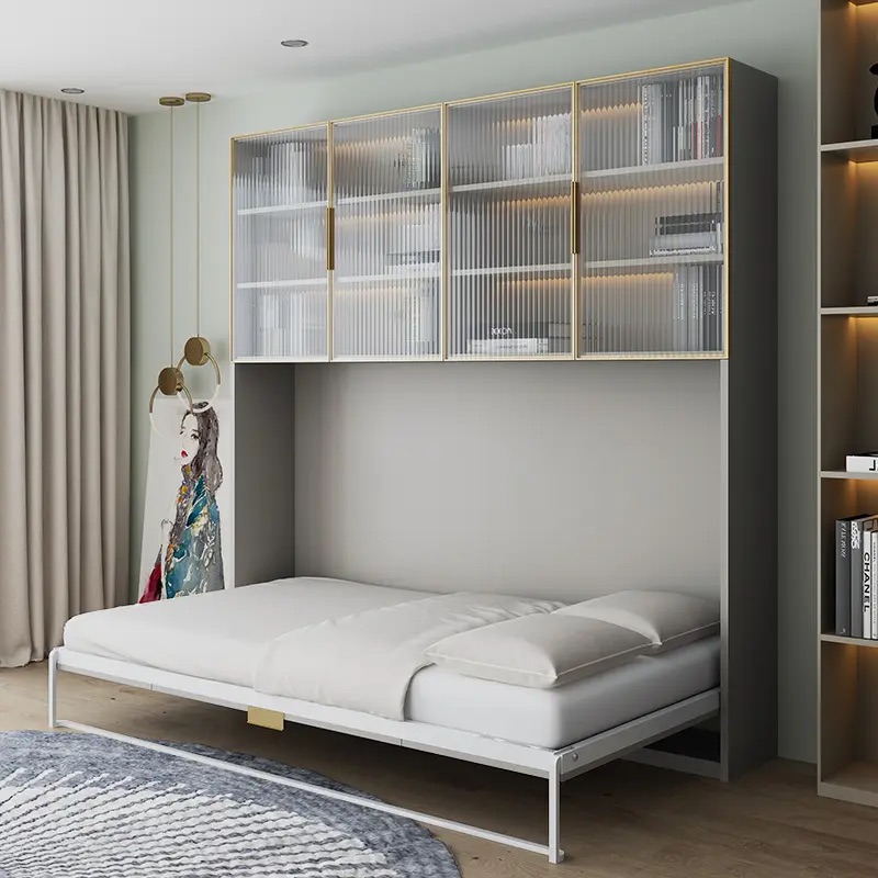 Showroom (Pre-order) Customized Inverted Solid Wood Concealed Bed Creamy Texture Murphy Bed Bookcase Wardrobe Combination Cabinet Multifunctional Wall Bed
