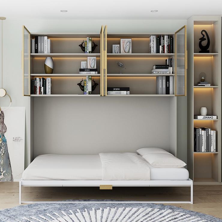 Showroom (Pre-order) Customized Inverted Solid Wood Concealed Bed Creamy Texture Murphy Bed Bookcase Wardrobe Combination Cabinet Multifunctional Wall Bed