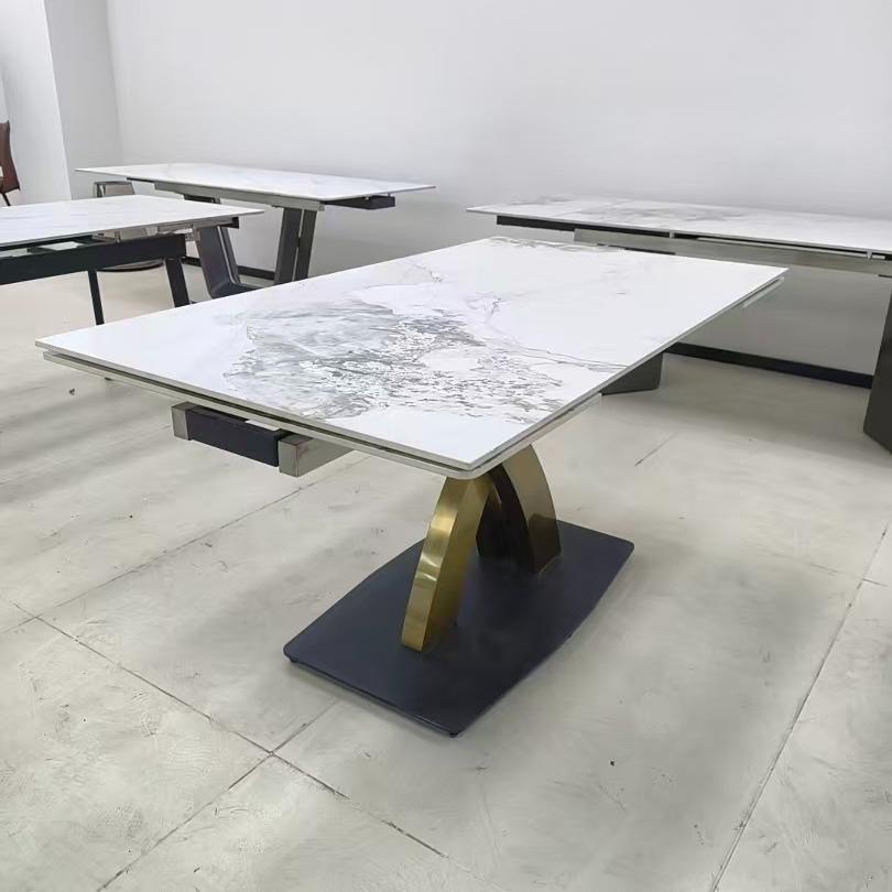 [PRE-ORDER] Extendable White Marble Pattern Dining Table with Gold Cross Metal Base, Scratch-Resistant  Surface Design.