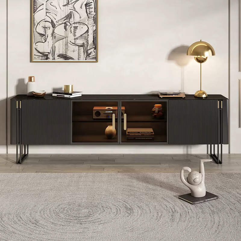 PRE-ORDER TV Stand Living Room Marble Top Glass Cabinet Door Stainless Steel 