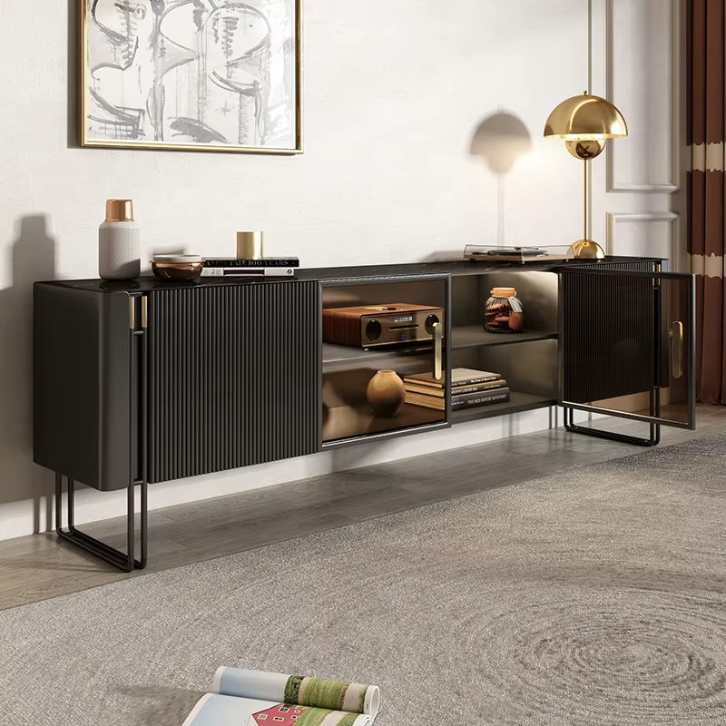 PRE-ORDER TV Stand Living Room Marble Top Glass Cabinet Door Stainless Steel 