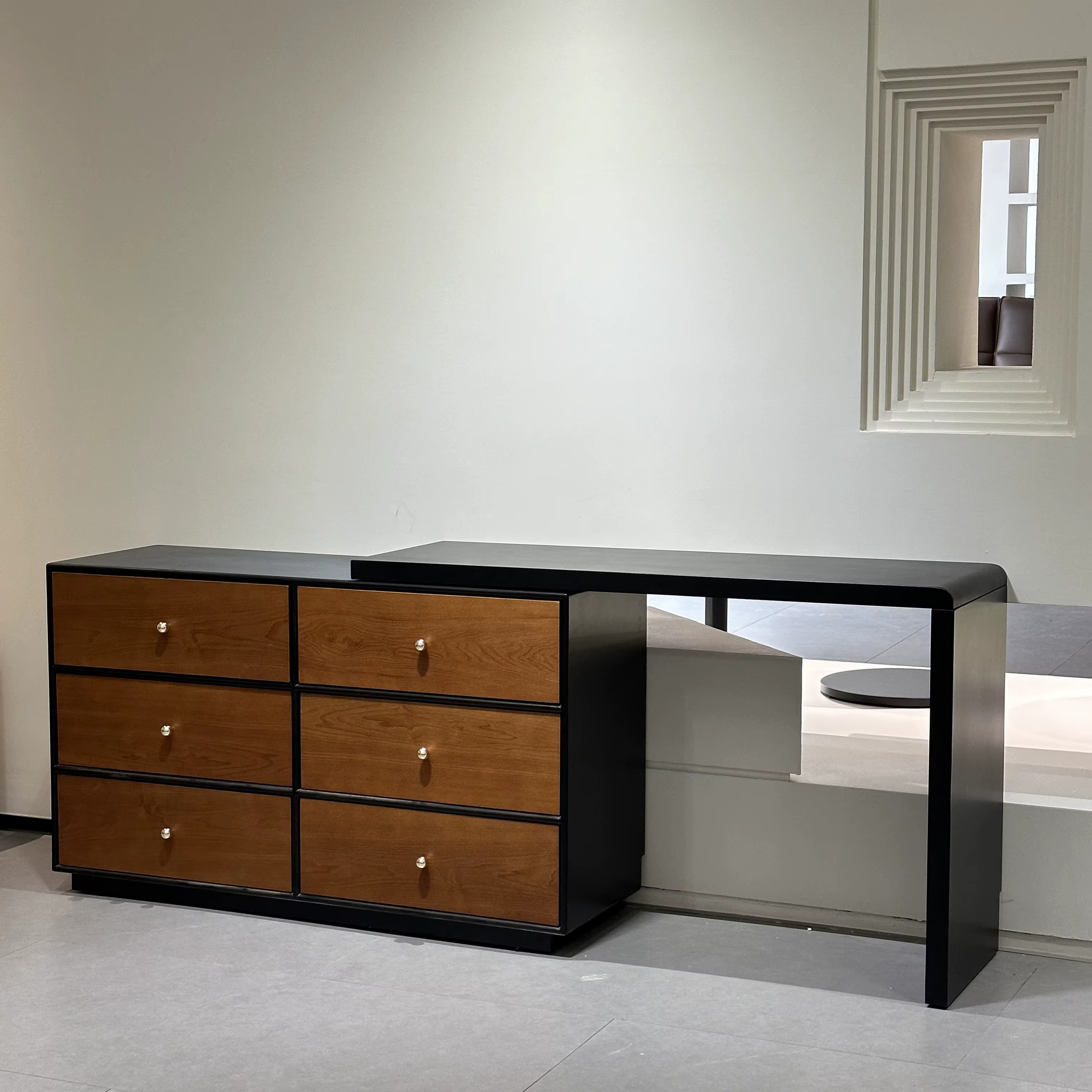 [PRE-ORDER] Vanity Table + 6-Drawer Chest – Black & Wood-Tone Storage Dresser, Modern Bedroom Organizer