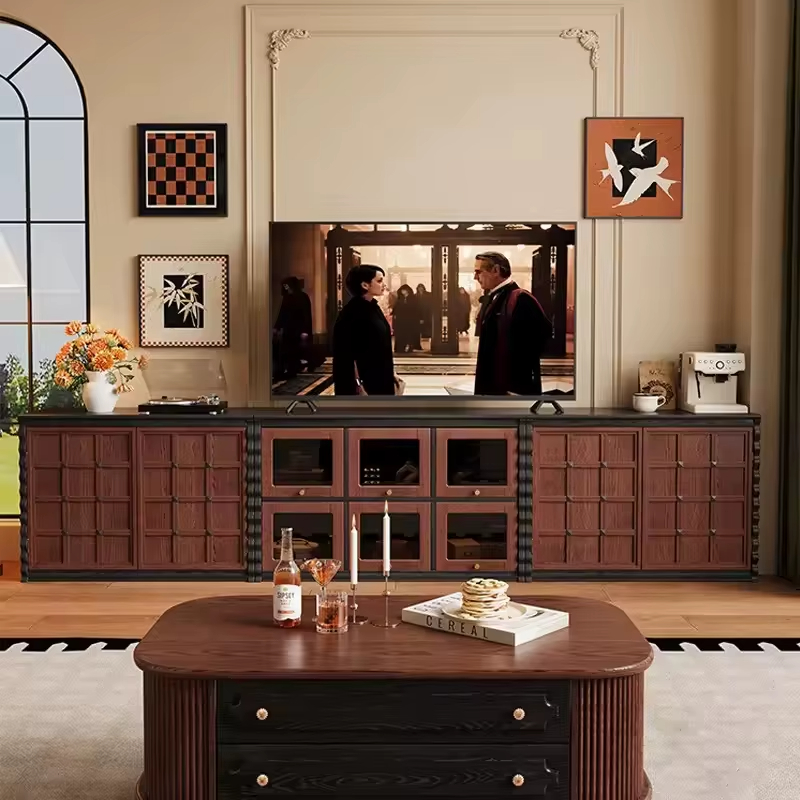 [PRE-ORDER] French Retro Solid Wood Floor-to-Ceiling Combination TV & Bedside Cabinet Antique Style Display Storage