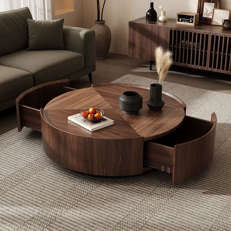 Modern Walnut Bark Wood Frame Metal Base Round Coffee Table Modern Simple Living Room Storage Coffee Table