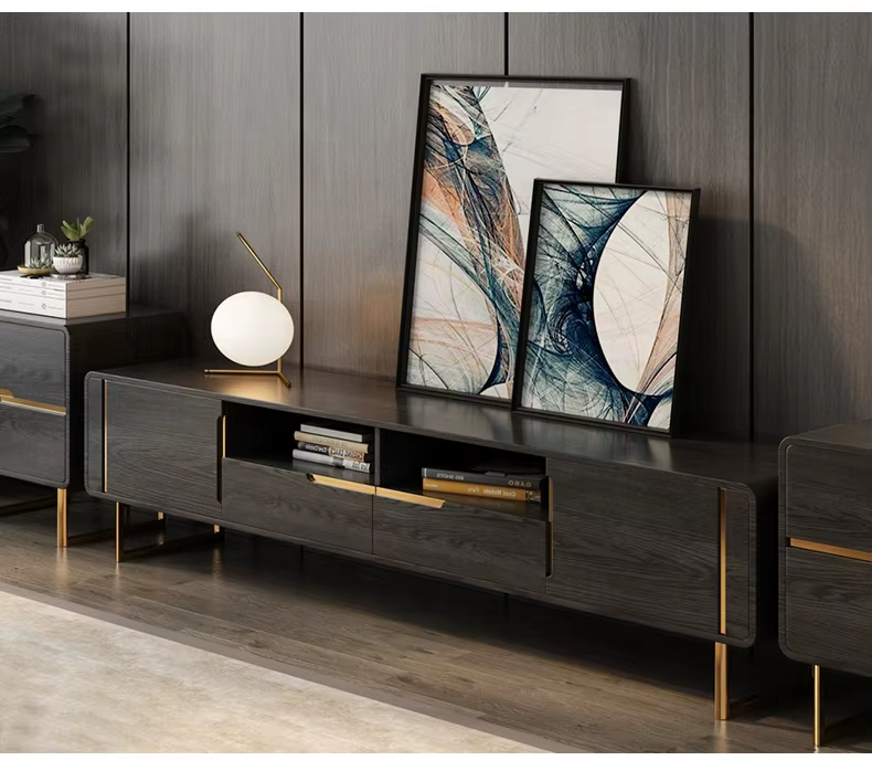 [PRE-ORDER] Solid Wood Feet Small Apartment Furniture With Stainless Steel Frame TV Stand