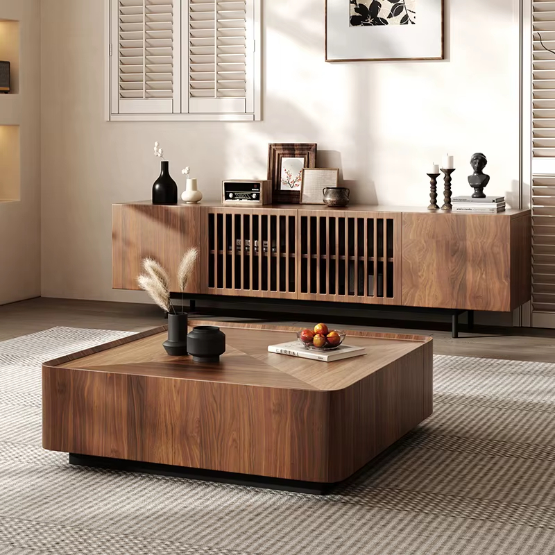 [PRE-ORDER] Modern Walnut Coffee Table Wood Frame Metal Base Center Table 