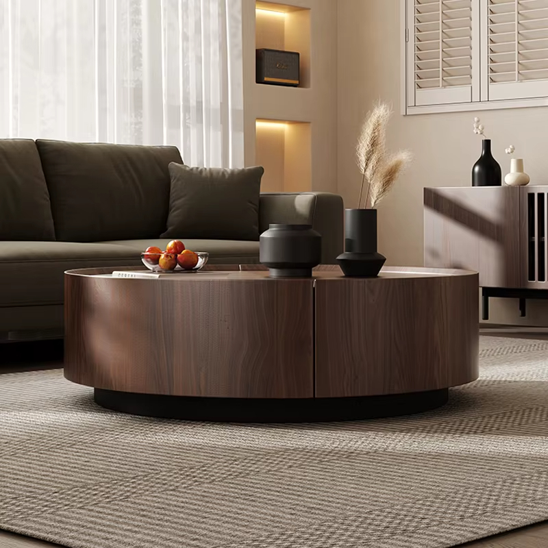 Modern Walnut Bark Wood Frame Metal Base Round Coffee Table Modern Simple Living Room Storage Coffee Table