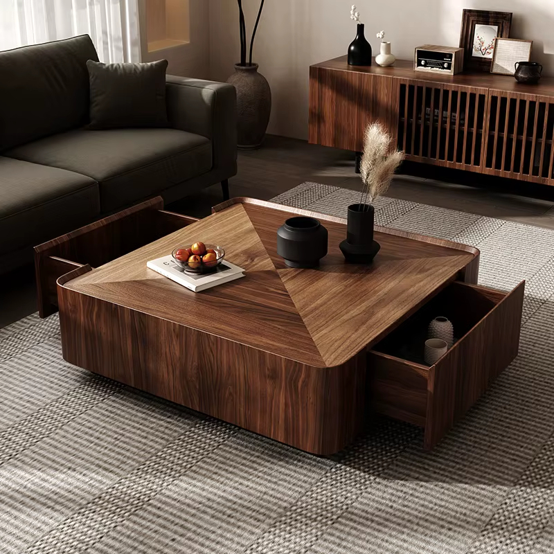 [PRE-ORDER] Modern Walnut Coffee Table Wood Frame Metal Base Center Table 