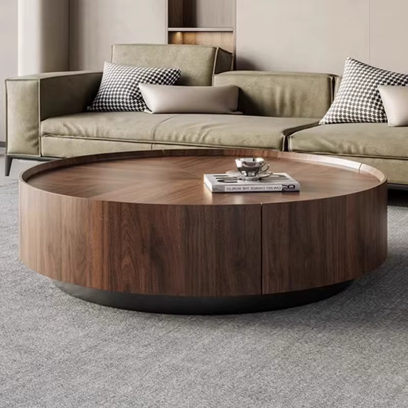 Modern Walnut Bark Wood Frame Metal Base Round Coffee Table Modern Simple Living Room Storage Coffee Table