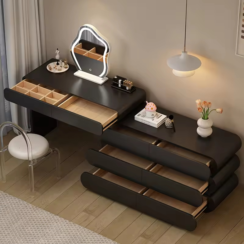 [PRE-ORDER] Minimalist Black Vanity Dresser Set – Multi-Compartment Makeup Station with Decor Mirror, Modern Bedroom Vanity Furniture