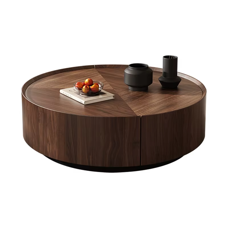 Modern Walnut Bark Wood Frame Metal Base Round Coffee Table Modern Simple Living Room Storage Coffee Table