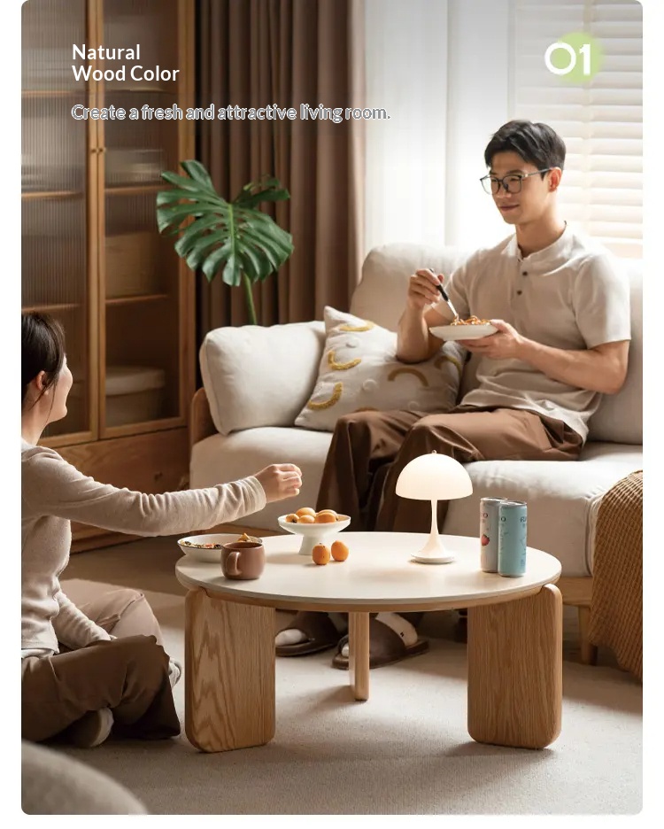 [PRE-ORDER] Solid wood coffee table, living room sofa side table, round stone slab tea table, small apartment oak table.