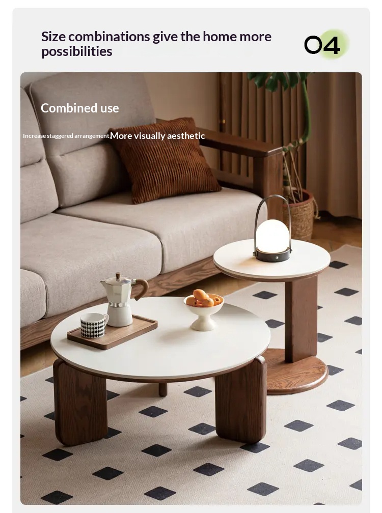 [PRE-ORDER] Solid wood coffee table, living room sofa side table, round stone slab tea table, small apartment oak table.