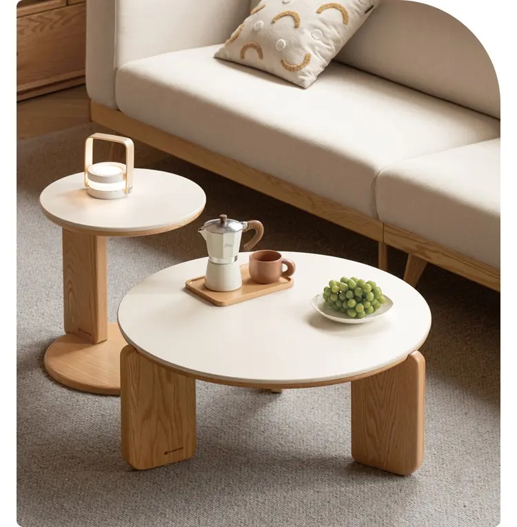 [PRE-ORDER] Solid wood coffee table, living room sofa side table, round stone slab tea table, small apartment oak table.