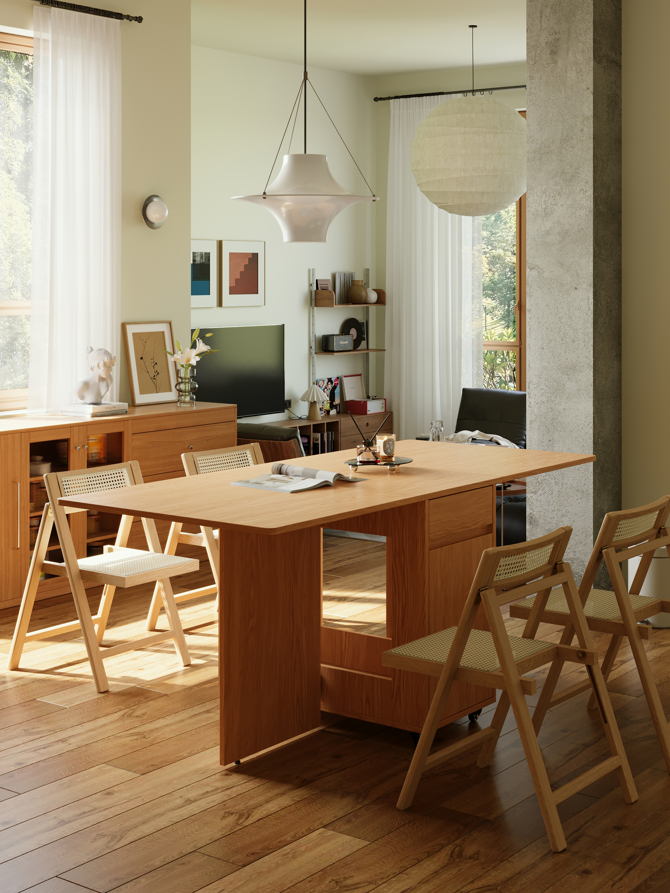 [PRE-ORDER] Solid wood OSB folding dining table and chair set extendable and movable storage.