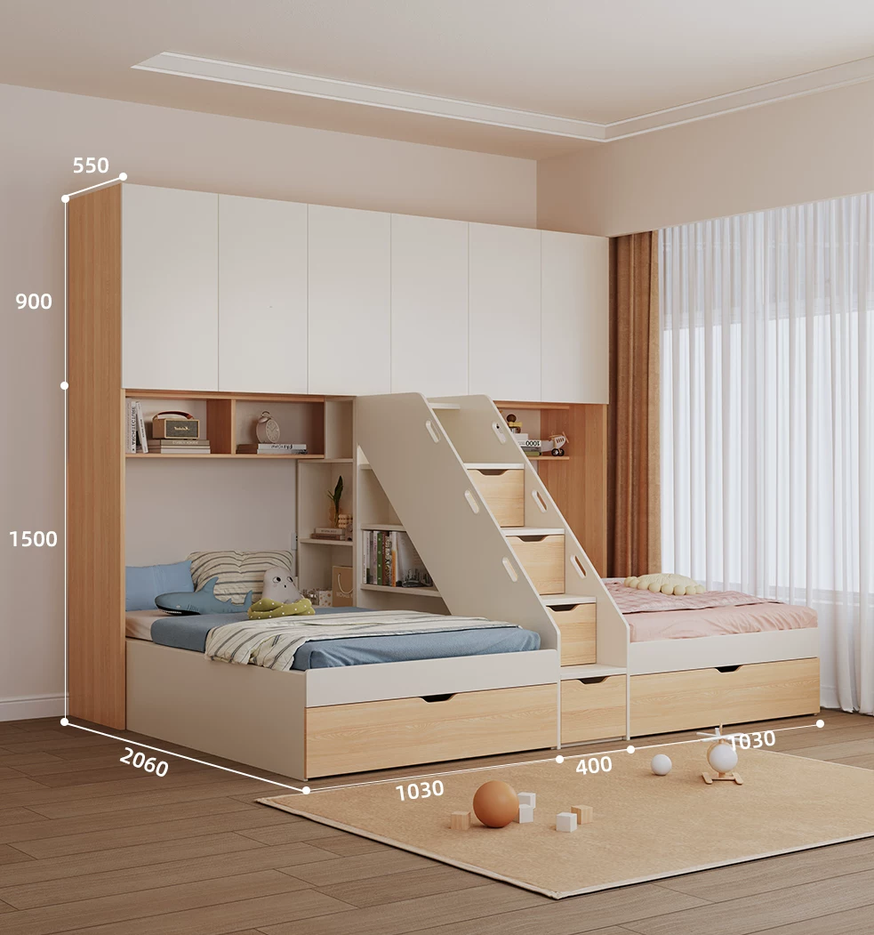 Double bed with overhead cabinet and 1.0 m lower bed