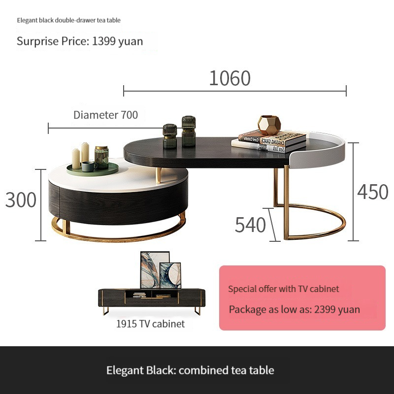 [Pre-order] Nordic Light Luxury Tea Table, Living Room, Household TV Cabinet Combination, Modern and Simple Small Unit, Rock Plate Storage, Circular-Smart-Living