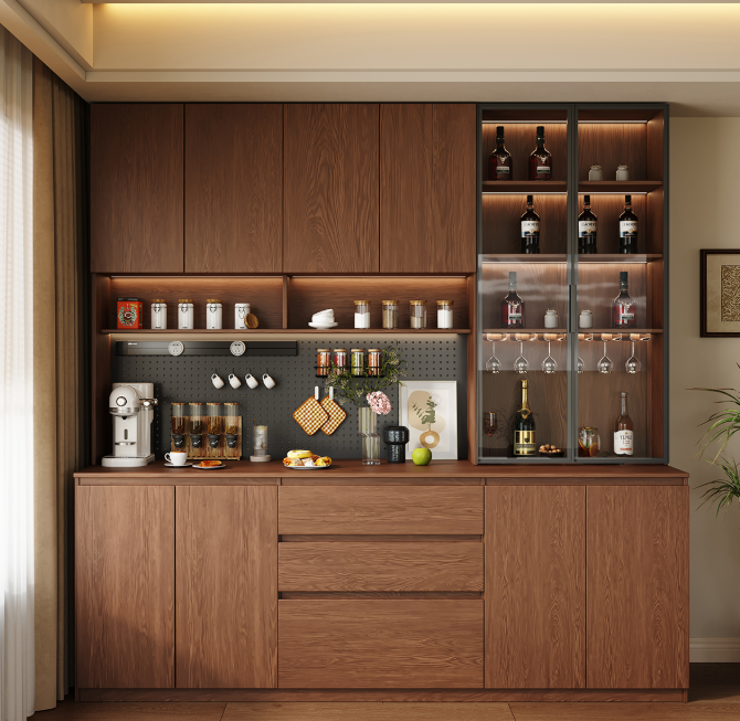 [PRE-ORDER] Solid wood sideboard with perforated panel, vintage style glass door, wall-mounted tall cabinet.