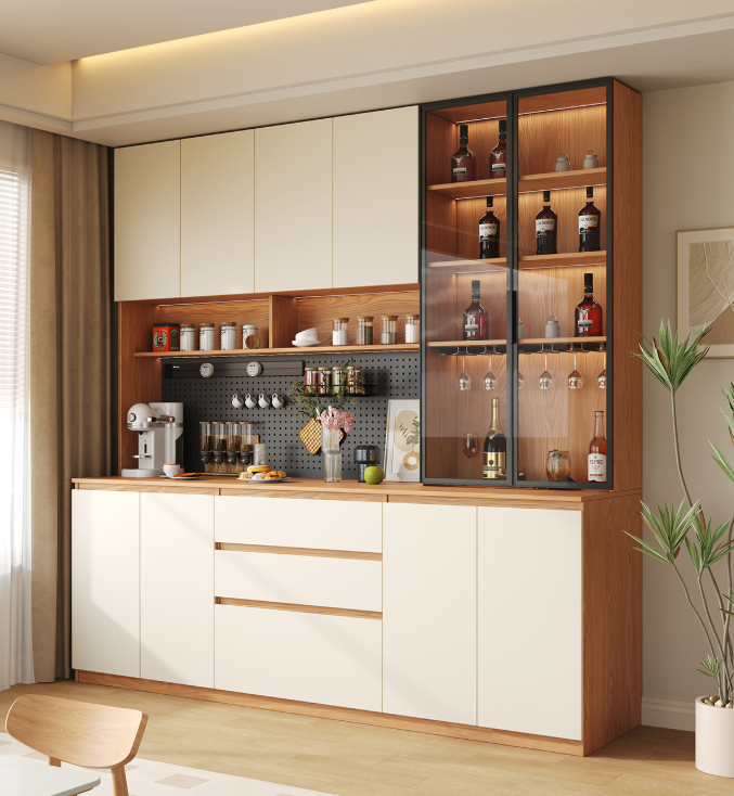 [PRE-ORDER] Solid wood sideboard with perforated panel, vintage style glass door, wall-mounted tall cabinet.