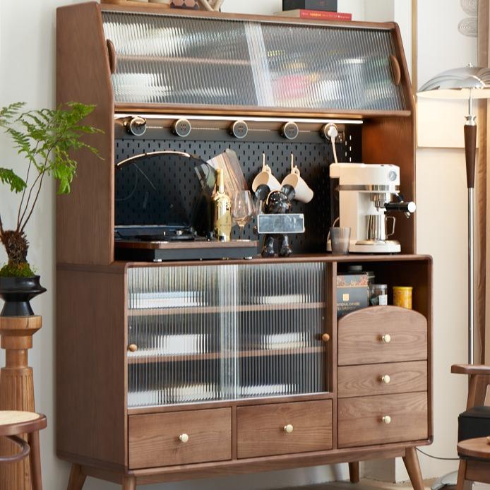 BSYR-ULS-01[PRE-ORDER] Upper and lower tier sideboard ash wood cabinet, electric sliding rail integrated storage cabinet