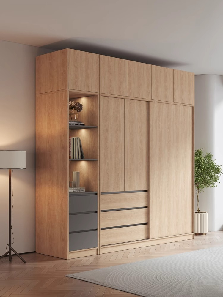 【Showroom】Simple modern log wind sliding door wardrobe Home bedroom small unit cabinet rental room with sliding door wardrobe-Smart-Living