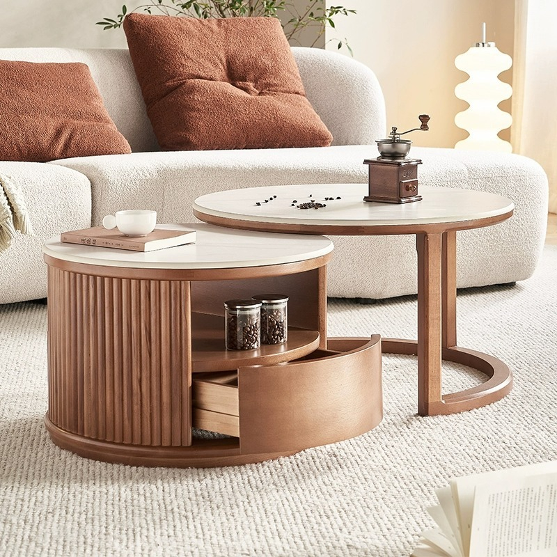 Lemas rock slab size round coffee table combination Nordic small apartment living room household telescopic storage round coffee table-Smart-Living