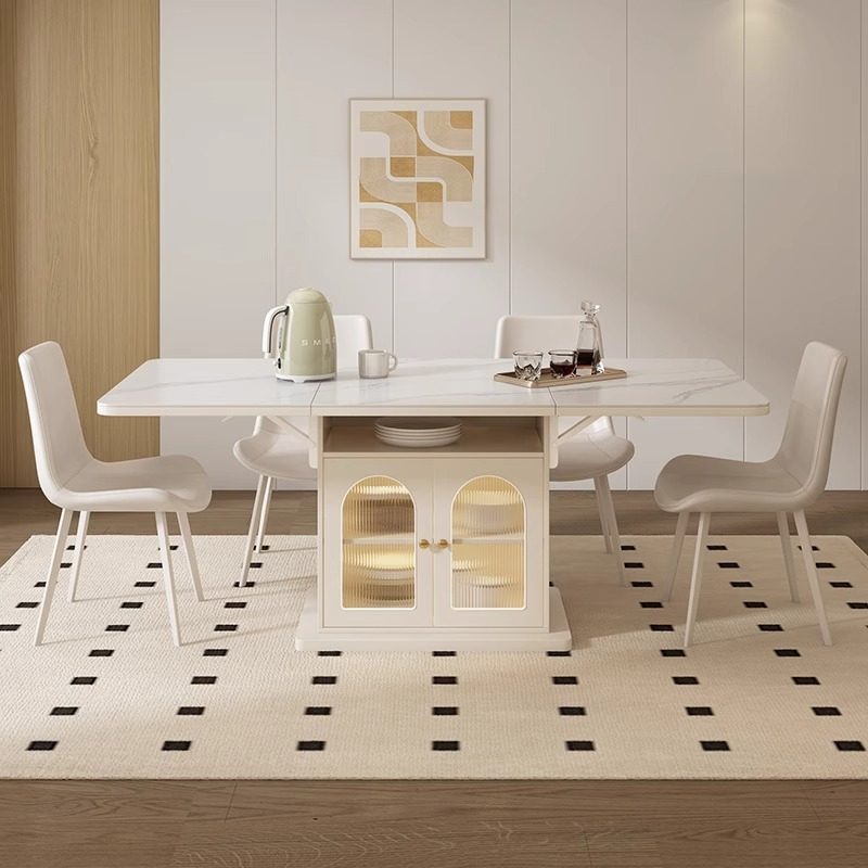 [Pre-order] Oulang Cream style folding dining table, simple modern home slate dining table, island cabinet, integrated dining room, intelligent storage dining table-Smart-Living