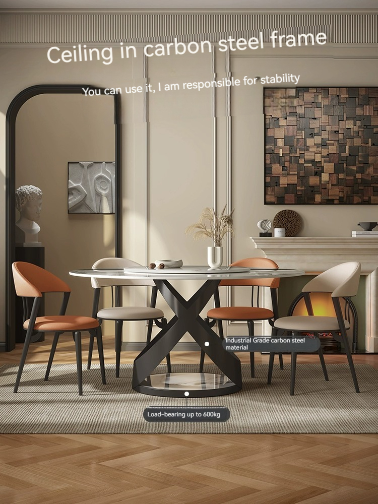 [Pre-order] Table light luxury modern simple small family table with turntable dining table and chair combination light rock plate round table-Smart-Living