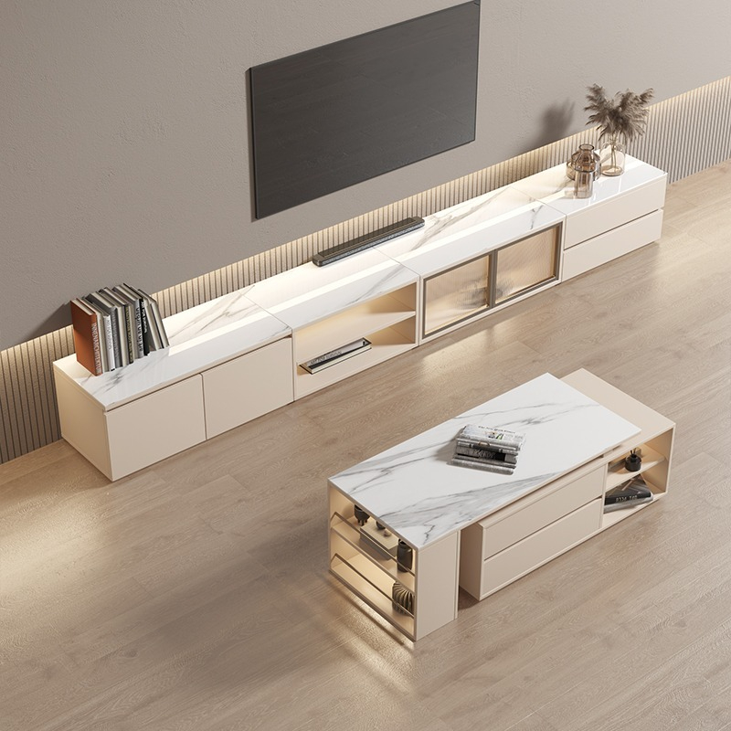 [Pre-order]French TV Cabinet and Tea Table Combination Modern Simple Home Living Room Solid Wood Cream Wind Storage Floor Cabinet TV Stand-Smart-Living