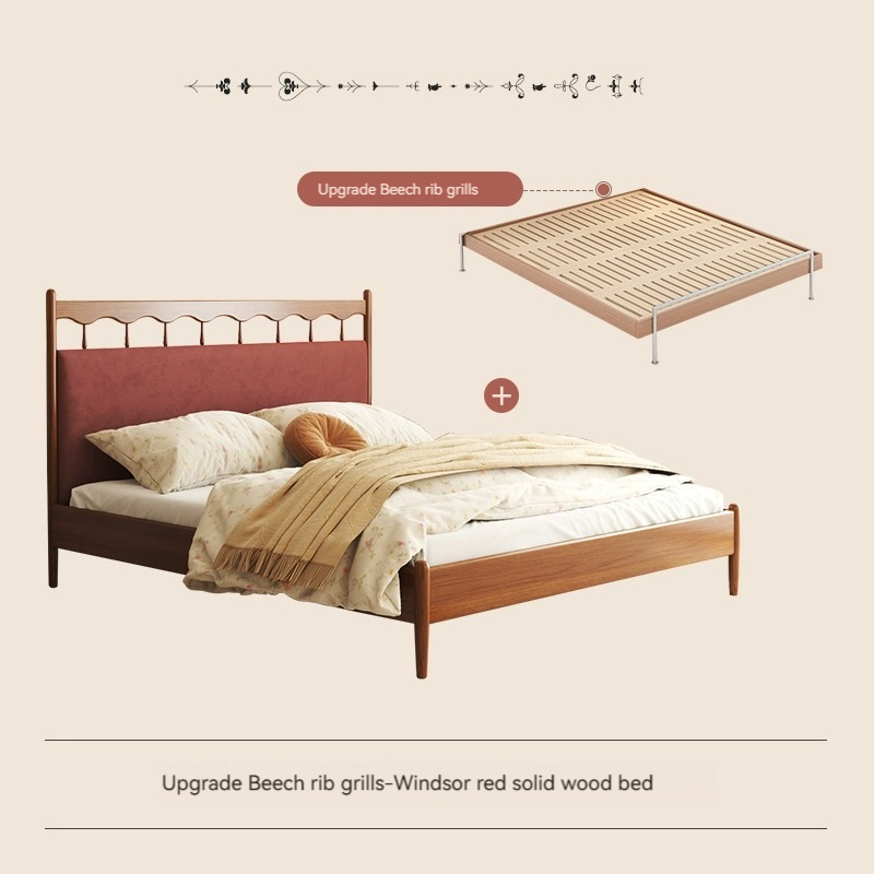 [Pre-order]  Casti French double bed, full solid wood bed, vintage Windsor bed, Nordic cream style, master bedroom, upholstered American furniture-Smart-Living