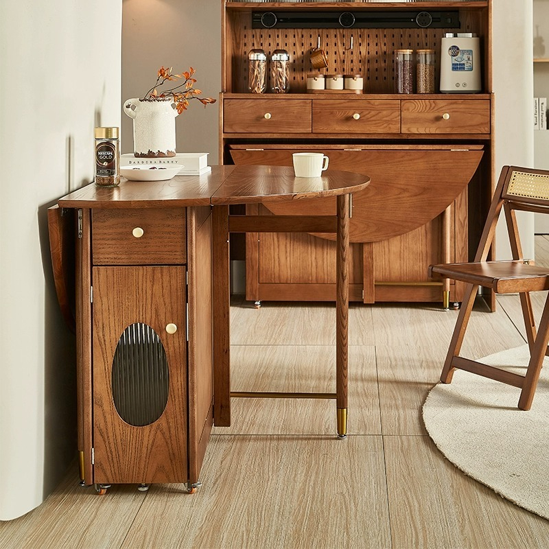 【Showroom】Le Mas Small Unit Solid Wood Dining Table Household Round Dining Table Nordic Light Luxury Mobile Storage Folding Table and Chair-Smart-Living