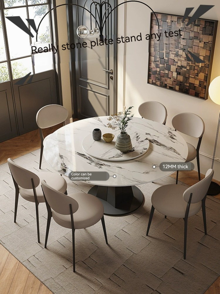 [Pre-order]  Combination of slate dining table and chairs, modern simple small household revolving dining table, multi-functional retractable round dining table-Smart-Living