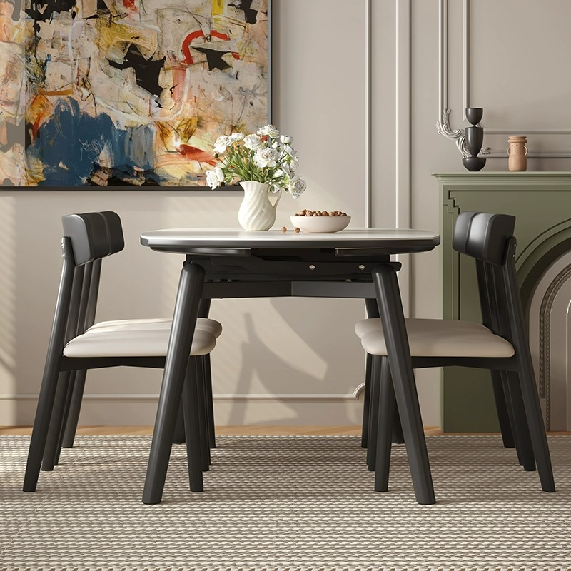 [Pre-order]  Solid wood dining table: modern simple telescopic dining table and chair combination, variable round table, square and round dual-purpose bright stone slate dining table-Smart-Living