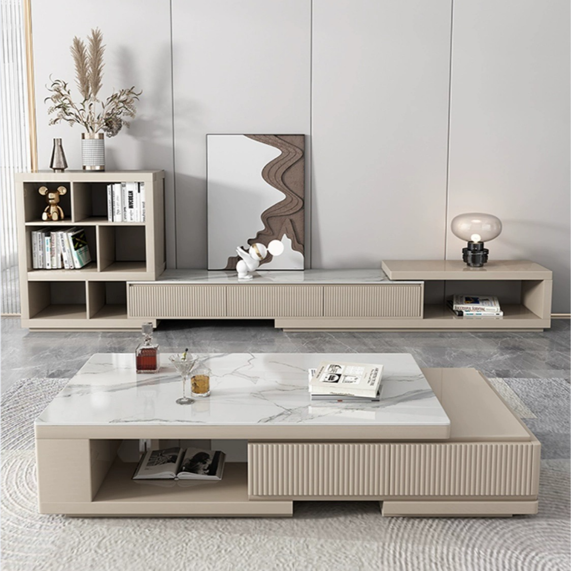 [Pre-order] Rock panel coffee table living room household light luxury simple modern coffee table TV cabinet cream wind 2023 new telescopic coffee table-Smart-Living