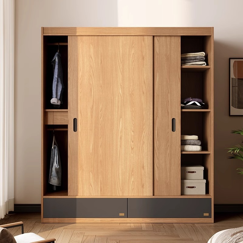 [Pre-order] Sliding door wardrobe bedroom household small apartment modern simple Japanese original wood color shift door master bedroom wardrobe locker-Smart-Living