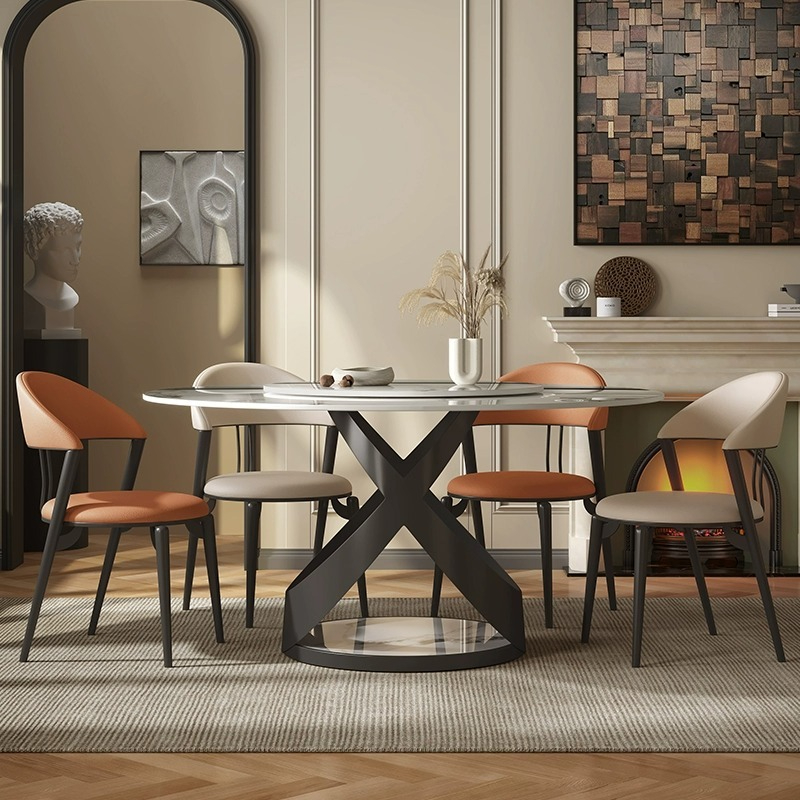 [Pre-order]  Light luxury dining table, modern minimalist small unit dining table, household with turntable, dining table and chair combination, bright rock plate round dining table-Smart-Living