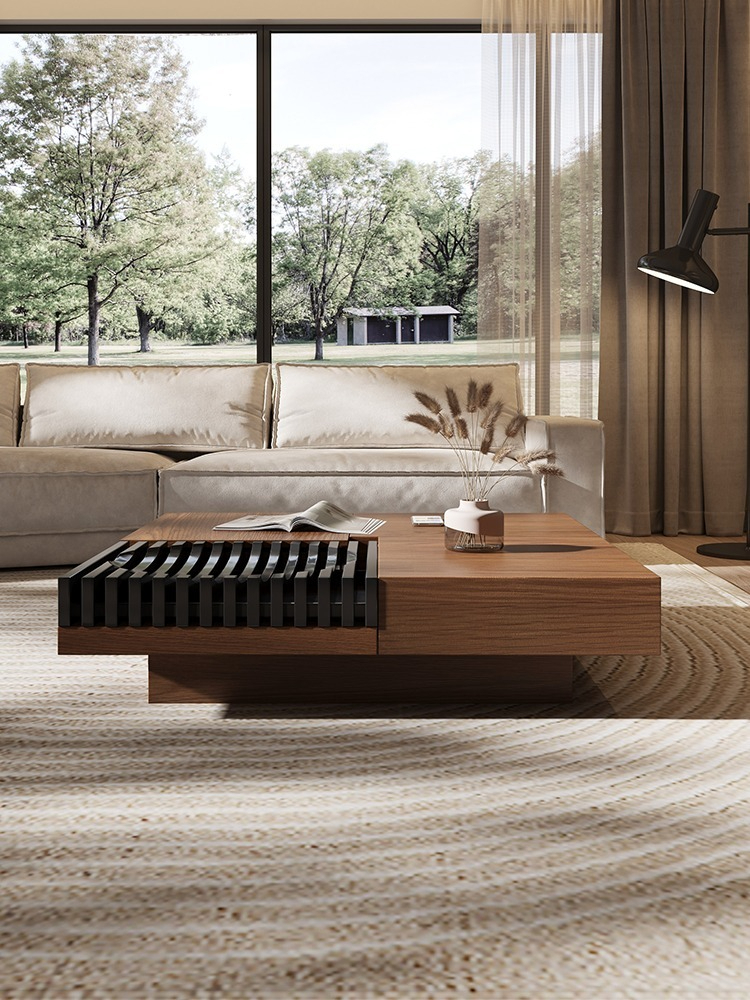 [Pre-order] New Chinese style square walnut color coffee table living room home Nordic storage retractable designer creative coffee table-Smart-Living