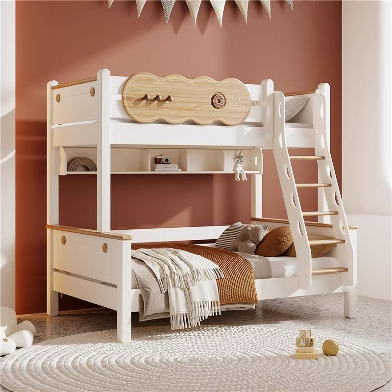 Bunk bed with bunk beds made of solid wood, children's bed with bunk beds made of wood, mother child bed, small-sized unit with two floors and high and low beds-Smart-Living