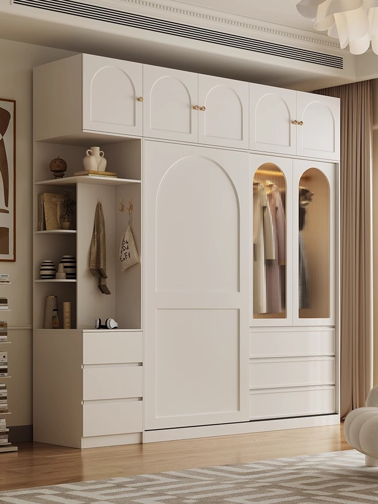 【Pre-order】French cream style wardrobe sliding door modern simple household bedroom sliding door solid wood multi-layer board storage closet-Smart-Living