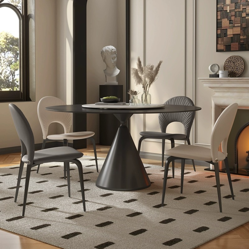 [Pre-order]  Italian dining table and chair combination, modern simplicity, with turntable round table, small dining table, light luxury matte slate dining table-Smart-Living