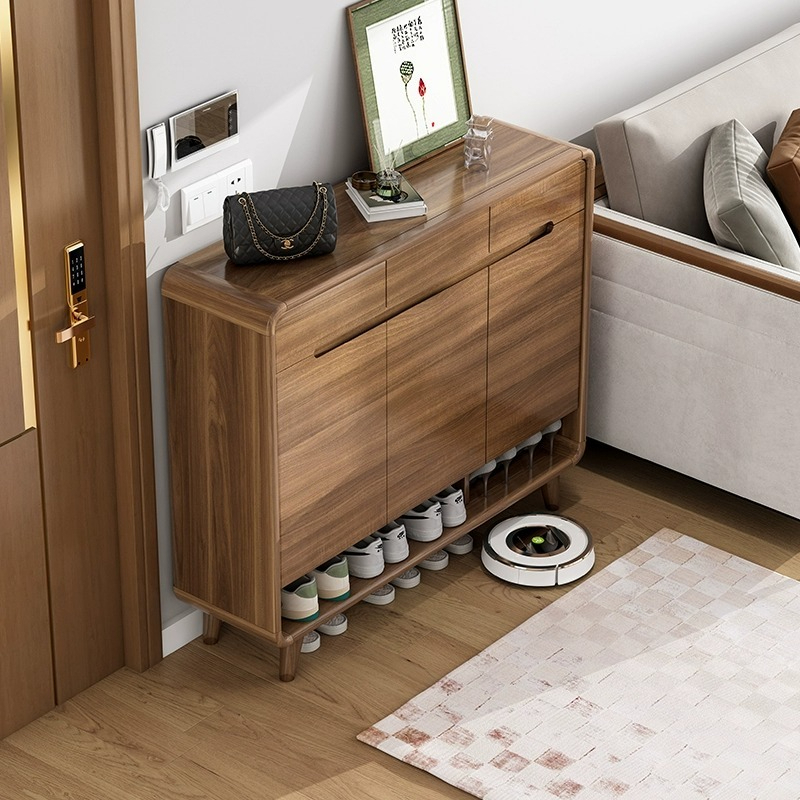 Solid wood shoe cabinet at home doorstep, pure solid wood entrance cabinet, popular 2023 new walnut color partition cabinet-Smart-Living