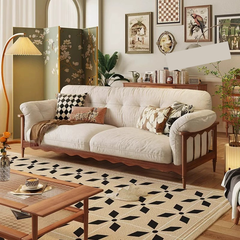 [Pre-order]  French solid wood sofa, vintage fabric cloud, three-seater small house, American log antique cream inline sofa-Smart-Living