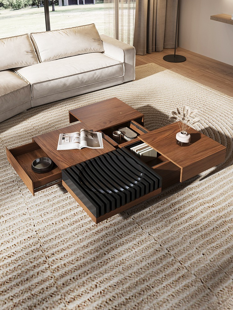 [Pre-order] New Chinese style square walnut color coffee table living room home Nordic storage retractable designer creative coffee table-Smart-Living