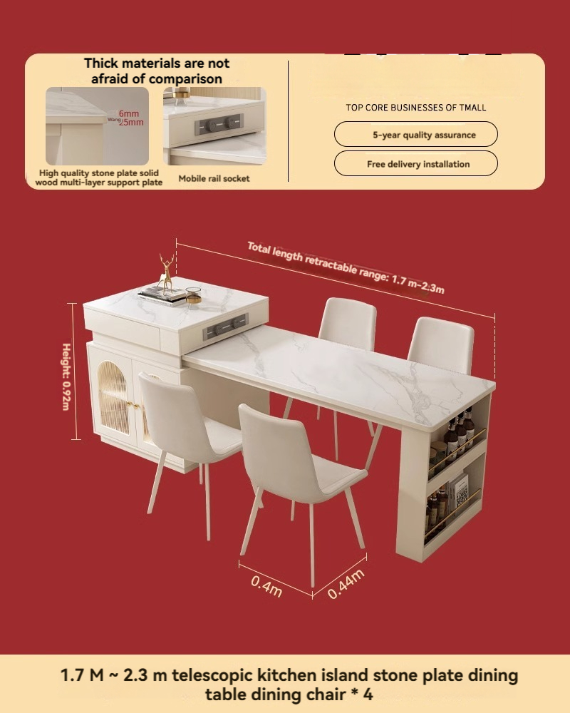 [Pre-order] Oulang Creamy style dining room island dining table and chairs combination retractable living room solid wood slate dining table 2024 new-Smart-Living