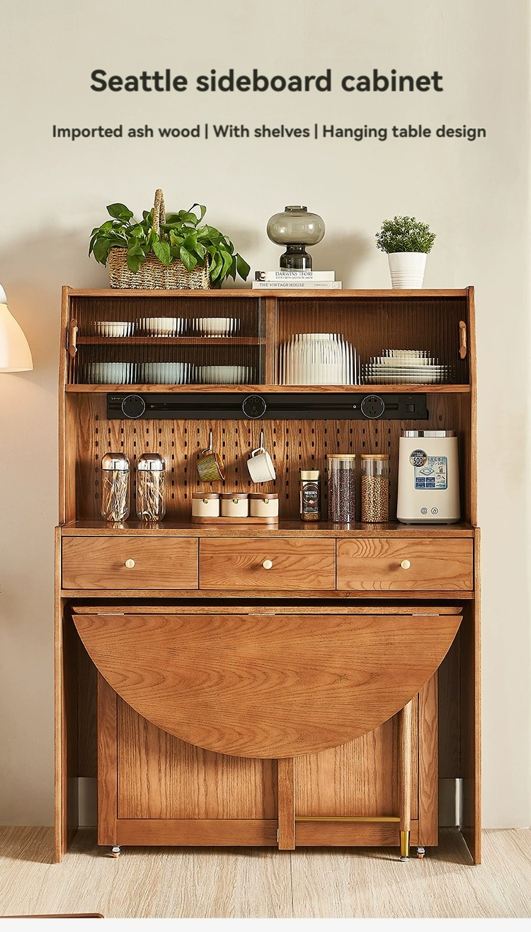 [Pre-order] LEMARS can be stored folding table, integrated cabinet, Nordic solid wood sideboard, wine cabinet, kitchen, combination high cabinet, cupboard-Smart-Living