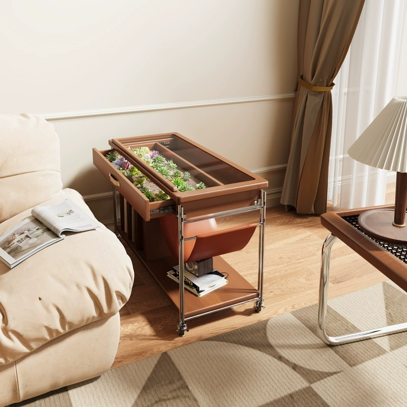 [Pre-order]  Solid wood mobile side table magazine cabinet integrated multi-functional storage cabinet simple dustproof bedroom bedside table vintage side cabinet-Smart-Living