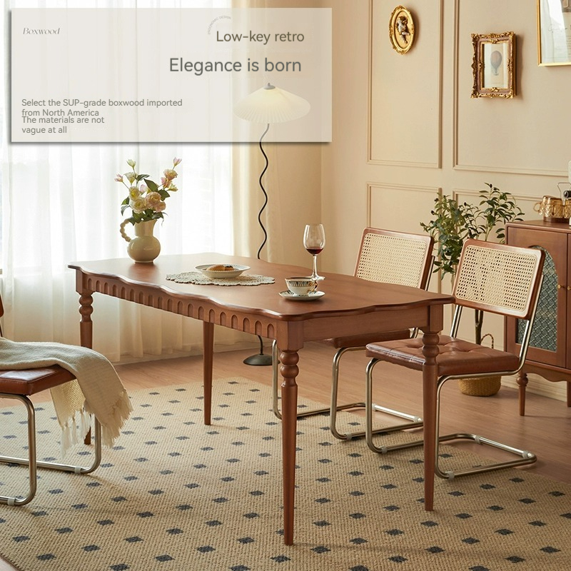 [Pre-order]  All solid wood dining table rectangular French retro small apartment pure solid wood dining table in the antique style household dining table and chair combination-Smart-Living