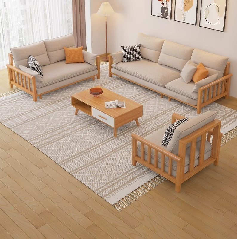 [pre order]Nordic solid wood sofa combination simple modern fabric chaise on corner sofa small apartment living room furniture-Smart-Living