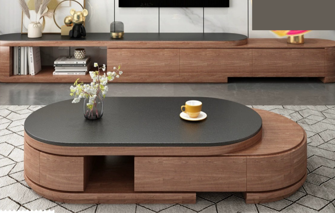 [Pre-order] Nordic fire stone tea table TV cabinet combination rock plate simple tea table living room household small apartment telescopic tea table-Smart-Living