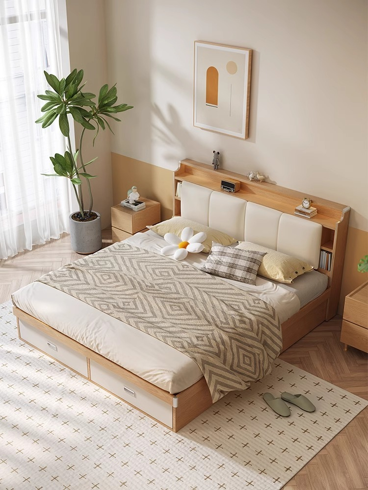 [Pre-order]  Bed Modern simple small apartment high box bed Master bedroom double bed Original wood color tatami bed box storage storage bed-Smart-Living